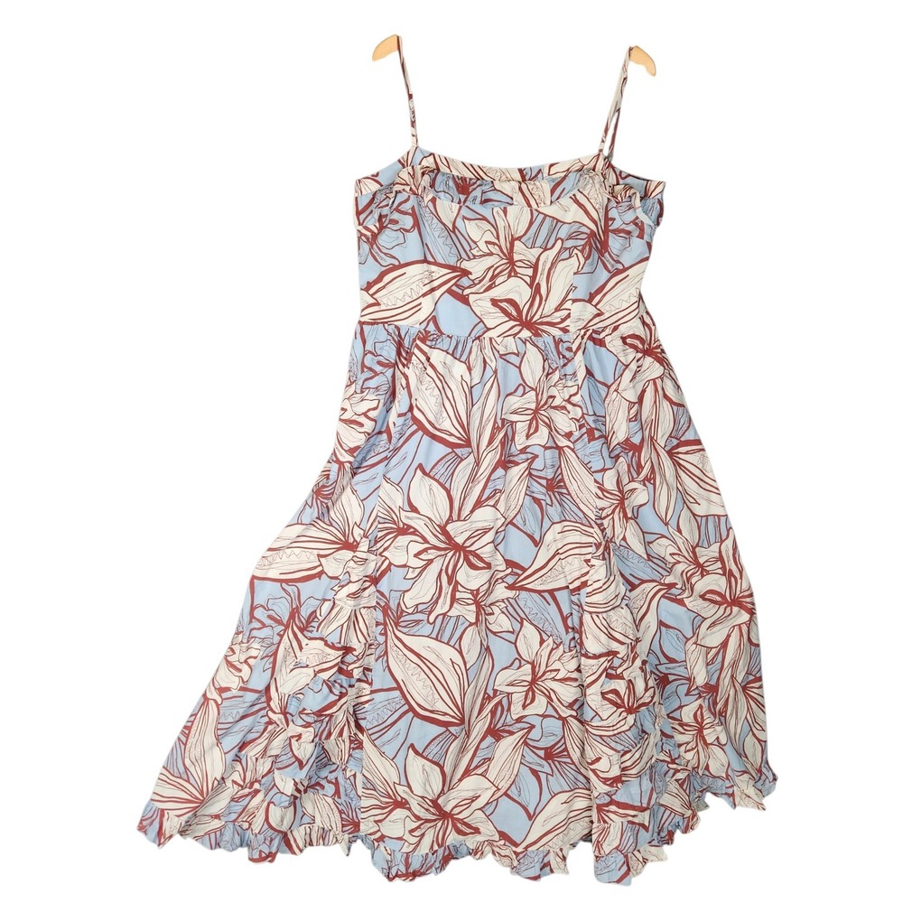 Nicholas Floral Midi Dress 18 Blue Tropical Sleevless Ruffle Trim Resortwear